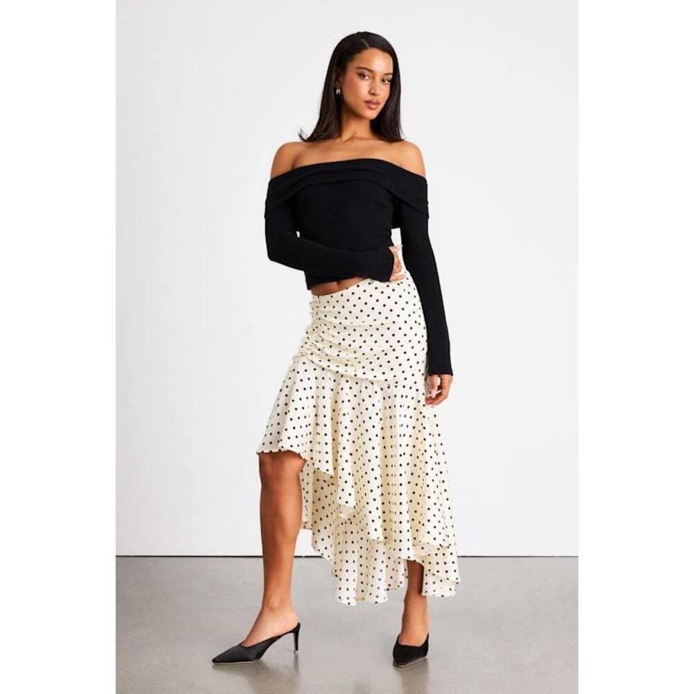 Lulus Danita Ivory Polka Dot Asymmetrical Midi Skirt White - Size M
